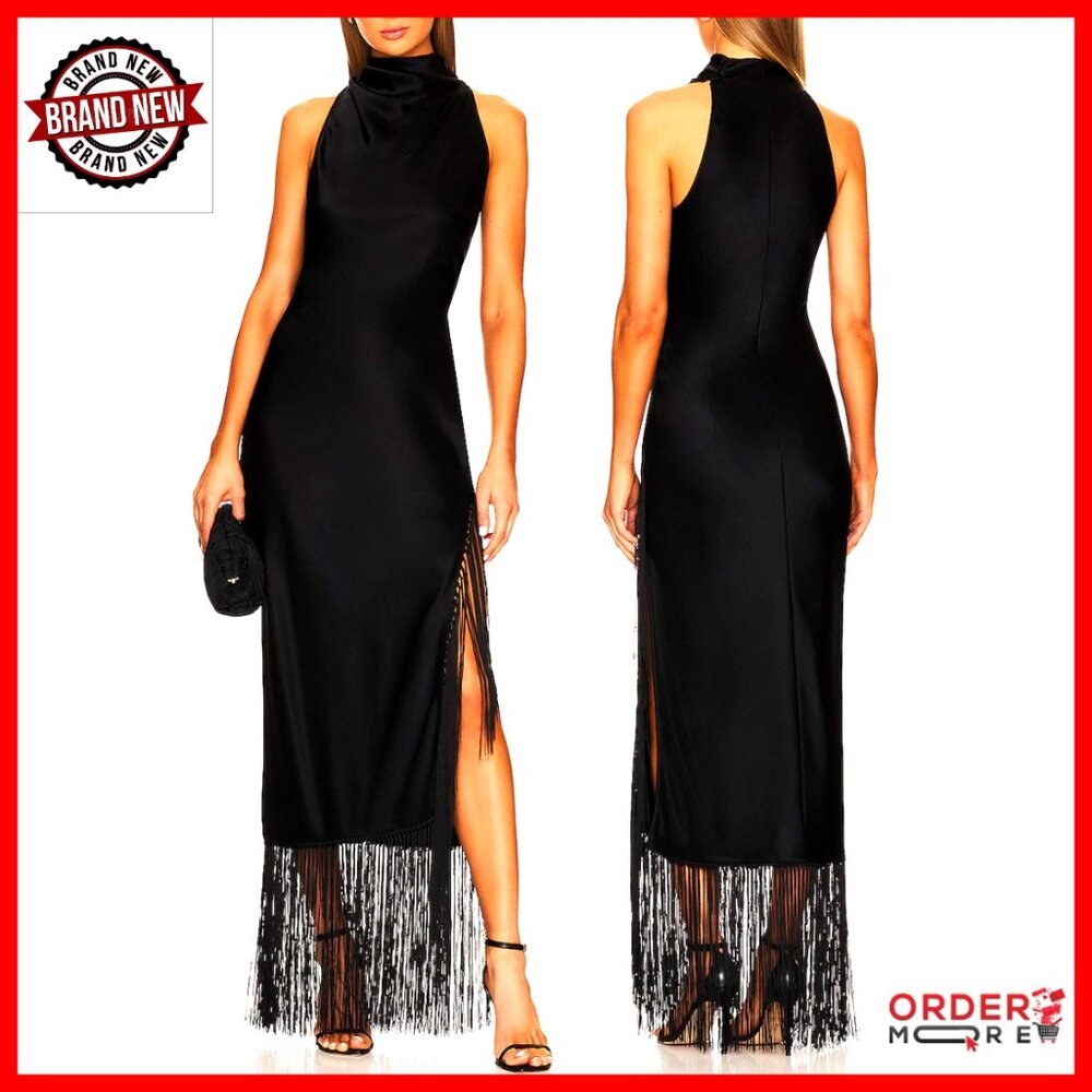 Vintage Flapper Maxi Dress Halter High Slit Fringe Tassels Formal Evening